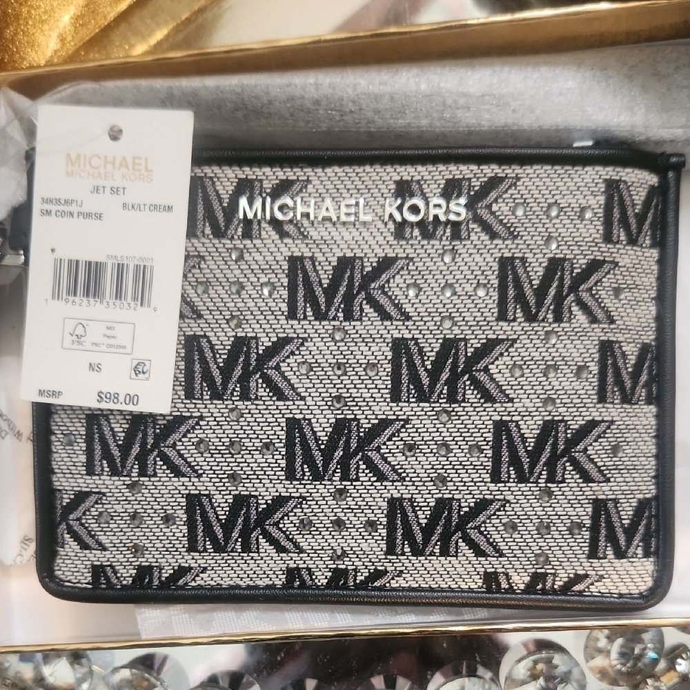 Michael Kors Black and Gray Logo W Rhinestone Wristlet & Ear Warming Headband - Picture 2 of 8